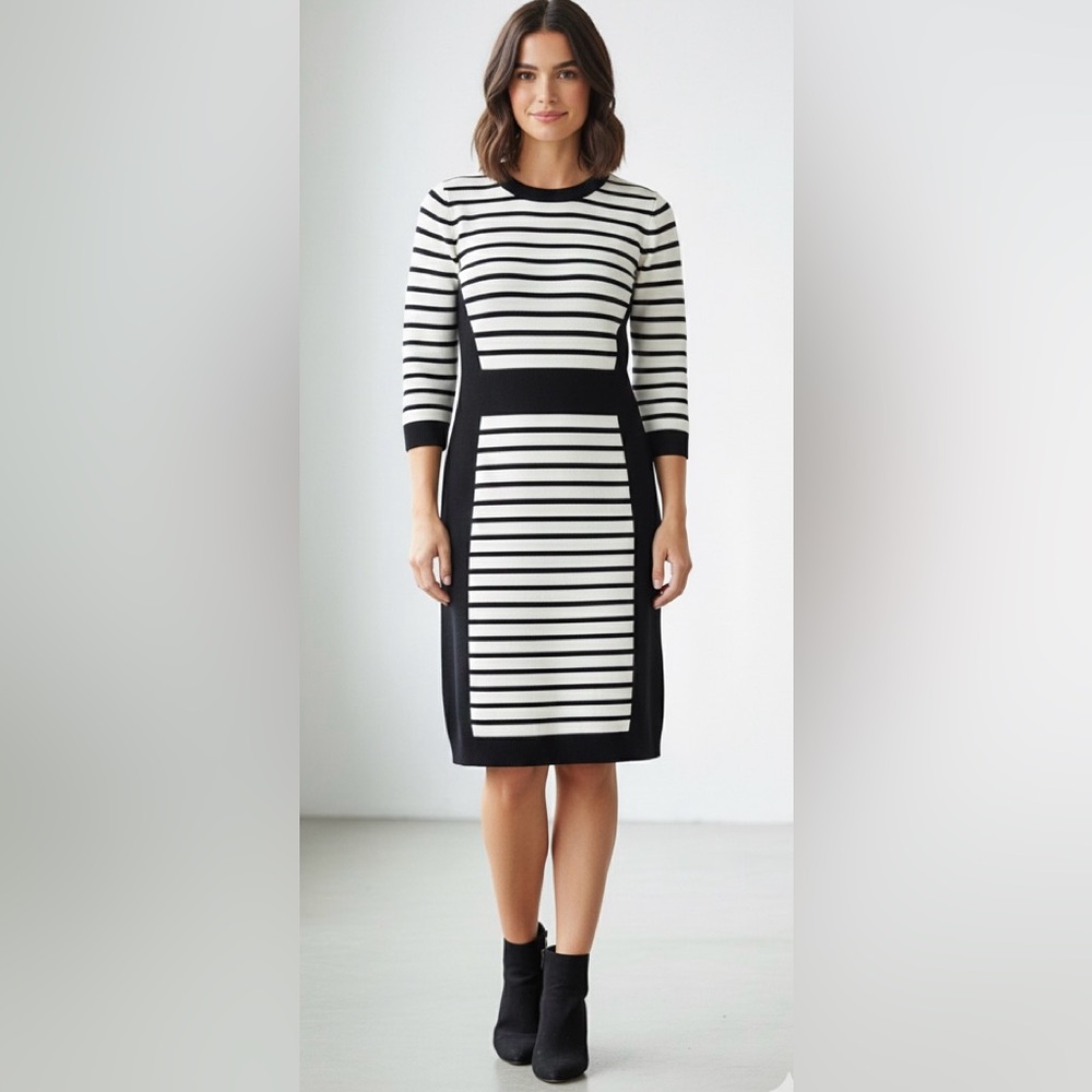H&M black and white stripes and trim bodycon dress, very flattering, size Small